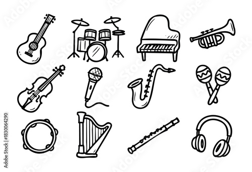 Hand-drawn doodle musical instruments — guitar, piano, violin, and microphone — stock vector.