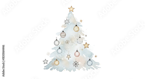 Watercolor christmas tree isolated on white background with ornaments
