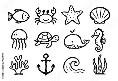 Hand-drawn doodle marine life and sea elements — fish, crab, whale, and coral — stock vector.