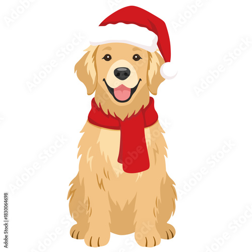 Cute Golden Retriever Dog in Santa Hat and Red Scarf