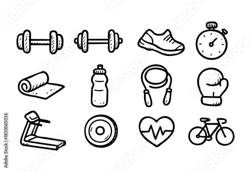 Hand-drawn doodle fitness and workout icons — dumbbell, shoe, mat, and treadmill — stock vector.