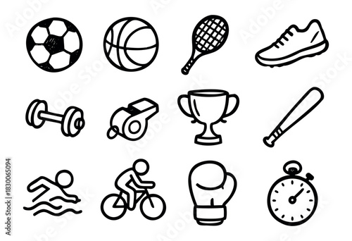 Simple hand-drawn doodle sports and competition elements — ball, trophy, whistle, and bike — stock vector.