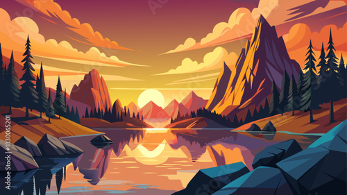 Very beautiful warm sunset colors reflect on Sylvan Lake’s smooth surface, surrounded by dramatic rock formations and peaceful forest edges creating a serene natural mountain setting.