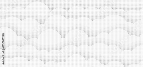 Abstract white halftone pattern background with curved gradient dots forming wave-like shapes, minimal monochrome vector texture