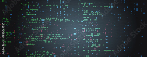 Abstract Digital Data Visualization with Scattered Pixelated Squares in Blue Green Pink Colors on Dark Background