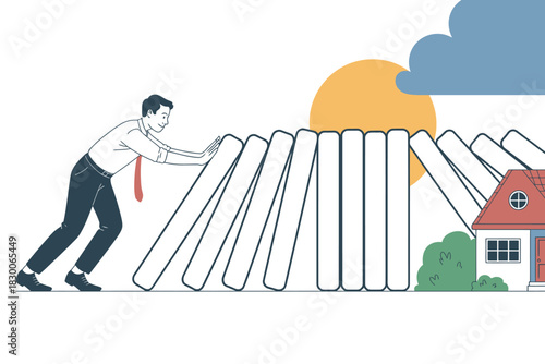 A businessman pushes dominoes to protect a house from a storm.