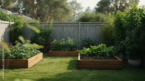Garden with Raised Beds and Greenery.