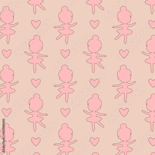 Seamless Pattern with Cute Pink Ballerina Silhouettes and Hearts. Pastel Ballet Design for Kids Fabric, Wallpaper, Wrapping Paper, and Nursery Products
