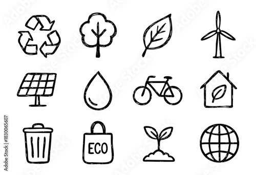 Hand-drawn doodle eco and environment icons — tree, leaf, bicycle, and recycle sign — stock vector.