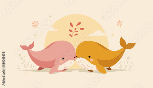 Cute pair of whales in a joyful marine setting with playful elements