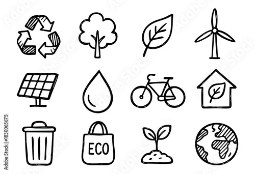 Hand-drawn doodle eco and environment icons — tree, leaf, bicycle, and recycle sign — stock vector.