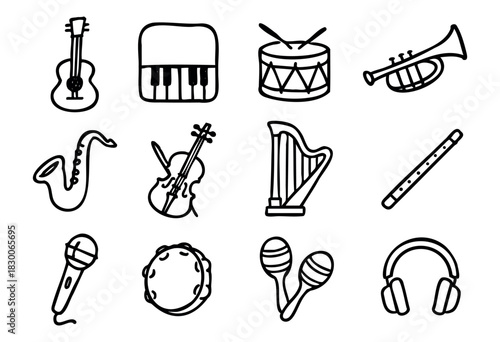 Hand-drawn doodle music and instrument icons — guitar, piano, drum, and saxophone — stock vector.