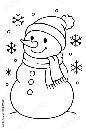 Cute christmas snowman coloring page with snowflakes for kids holiday activity and winter fun illustration, VERTICAL