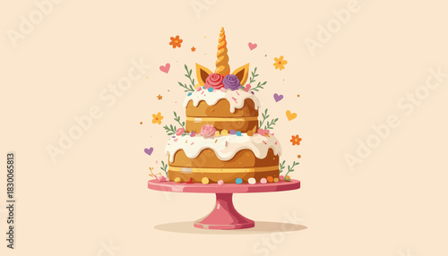 Whimsical cake with unicorn topper and decorative flowers in a cheerful illustration