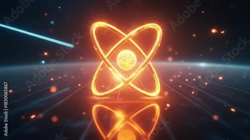 Glowing Atom Illustration with Futuristic Background.