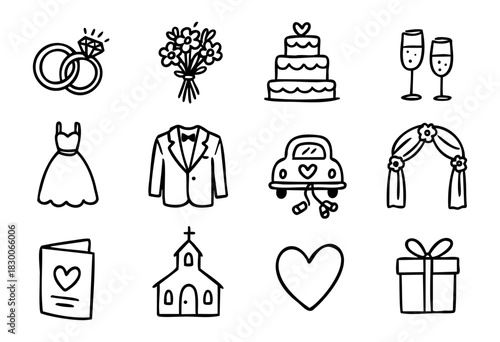 Hand-drawn doodle wedding and love icons — rings, cake, bouquet, and heart — stock vector.