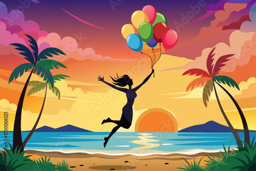 vector of Happiness or dream concept, silhouette of happy woman jumping with colorful balloons at sunset on the beach.