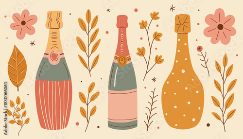 Background of wine bottles in various shapes surrounded by flowers and foliage in a playful style