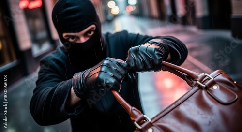 Man in a black balaclava and gloves stealing a brown handbag in a dark alley at night. Crime, robbery, and theft concept for security education