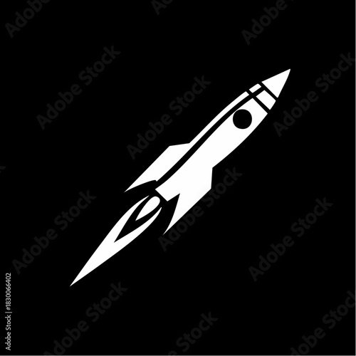 A white rocket with a flame at its base, launching diagonally upwards on a solid black background, symbolizing progress and space exploration.