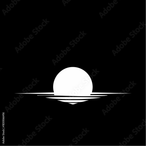 Minimalist white circle representing a sun or moon setting over a calm body of water against a black background.