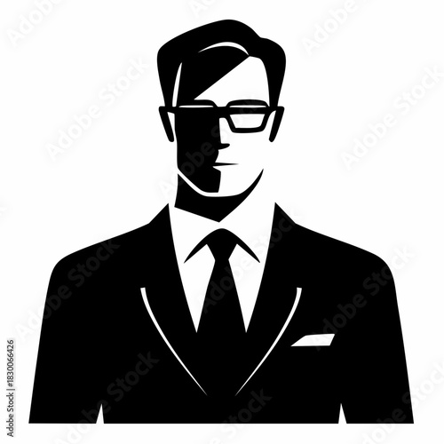 Stylized black and white illustration of a man in a suit and glasses with half his face in shadow.