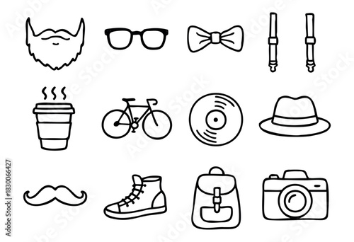 Hand-drawn doodle hipster lifestyle icons — beard, glasses, coffee cup, and bicycle — stock vector.