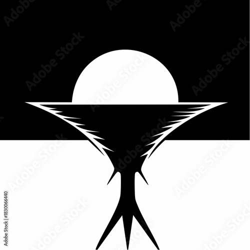 Striking black and white abstract art featuring a white celestial body above a sharp, organic black form emerging from a contrasting background.