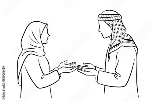 Two people in traditional Middle Eastern clothing exchanging something with open hands.