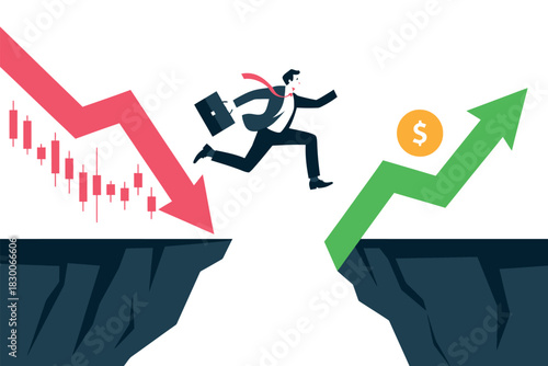 Businessman leaps across a chasm from a falling stock market to a rising one.