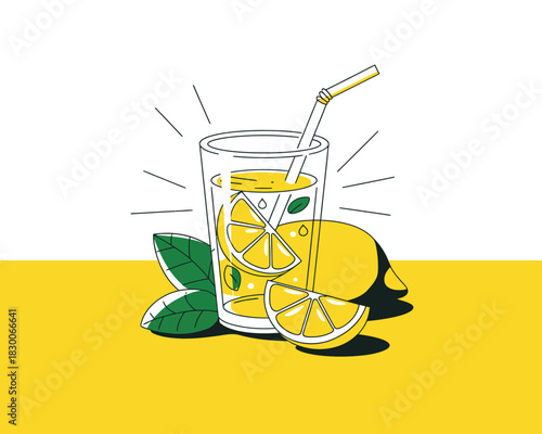 A refreshing glass of lemonade with lemons and mint leaves is ready to drink.