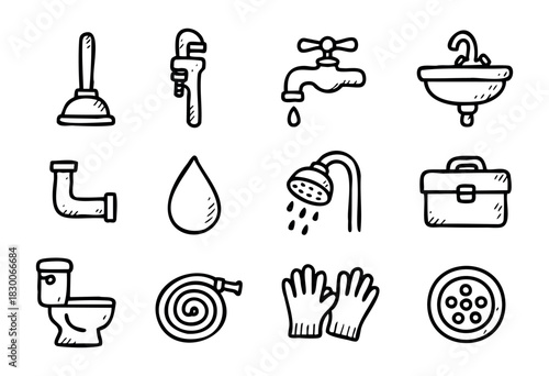Hand-drawn doodle plumbing and repair tools — wrench, plunger, faucet, and pipe — stock vector.