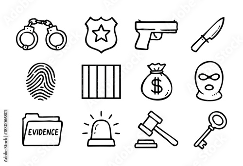 Hand-drawn doodle crime and justice icons — handcuffs, badge, pistol, money bag, and gavel — stock vector.