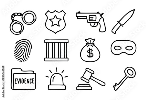 Hand-drawn doodle crime and justice icons — handcuffs, badge, pistol, money bag, and gavel — stock vector.