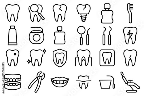 Dental line editable icon set. Containing tooth, dentistry, toothpaste, toothbrush, dentist, teeth, implant, and more.