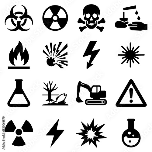 Set of bold hazard symbols: exclamation, skull, radiation, avalanche, lightning, explosion