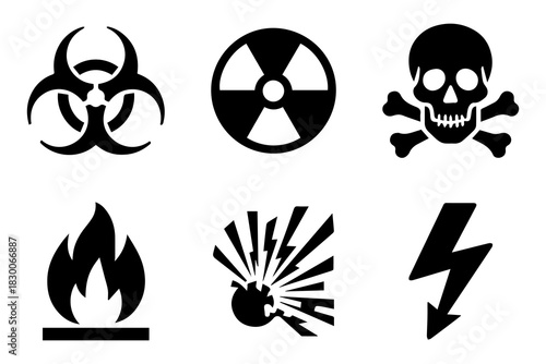 Set of bold hazard symbols: exclamation, skull, radiation, avalanche, lightning, explosion