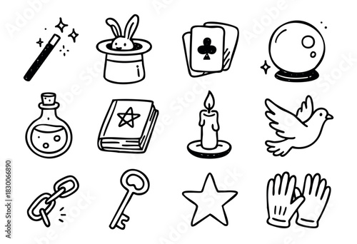 Hand-drawn doodle magic and fantasy icons — magic wand, potion, crystal ball, and hat — stock vector.