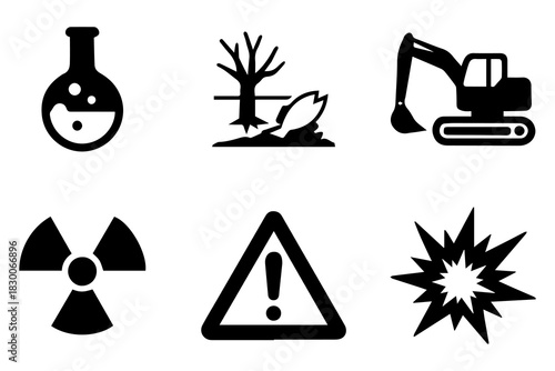 Set of bold hazard symbols: exclamation, skull, radiation, avalanche, lightning, explosion