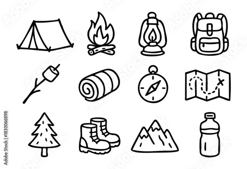 Hand-drawn doodle camping and adventure icons — tent, fire, lantern, backpack, and compass — stock vector.