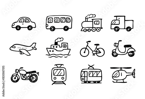 Hand-drawn doodle transport and travel icons — car, bus, train, airplane, and ship — stock vector.