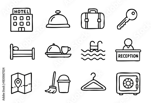 Hand-drawn doodle hotel and hospitality icons — building, reception, key, bed, and luggage — stock vector.