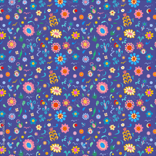 Bright multicolor pattern with abstract flowers and leaves for textiles and wrapping paper