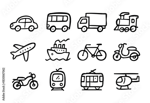 Hand-drawn doodle transport and travel icons — car, bus, train, airplane, and ship — stock vector.