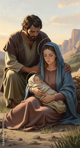 Woman holding baby with man looking over her shoulder. Holy family with halo for Christmas story and religious teaching. VERTICAL