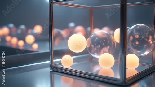 Glowing orbs inside  outside glass cube.