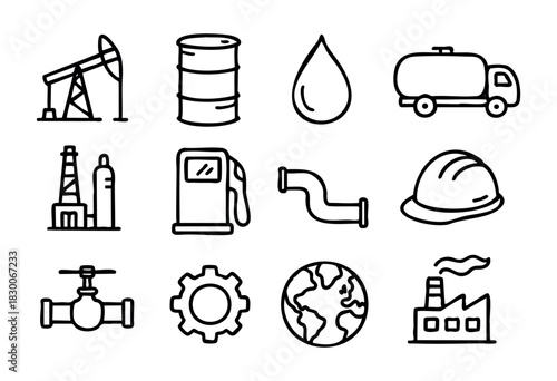 Hand-drawn doodle oil and gas industry icons — pumpjack, barrel, droplet, and refinery — stock vector.