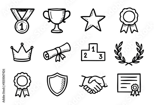 Hand-drawn doodle achievement and award icons — trophy, medal, ribbon, and crown — stock vector.