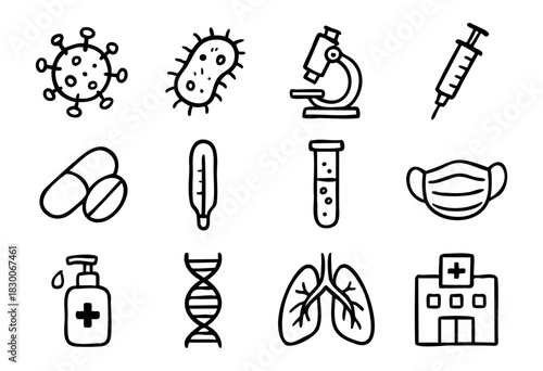 Hand-drawn doodle virus and medicine icons — mask, syringe, microscope, and pill — stock vector.