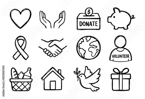Hand-drawn doodle charity and donation icons — heart, gift box, hands, and ribbon — stock vector.